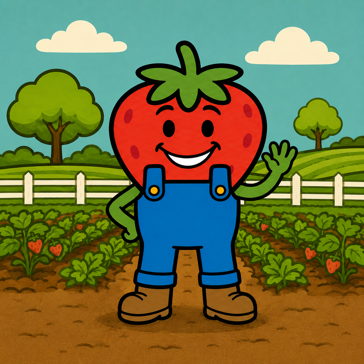 Strawberry Shwae waving in a strawberry field